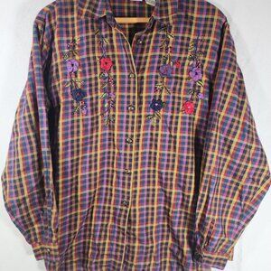 Napa Valley Women's Button Down Plaid w/ Floral Embroidery Size Medium BD456